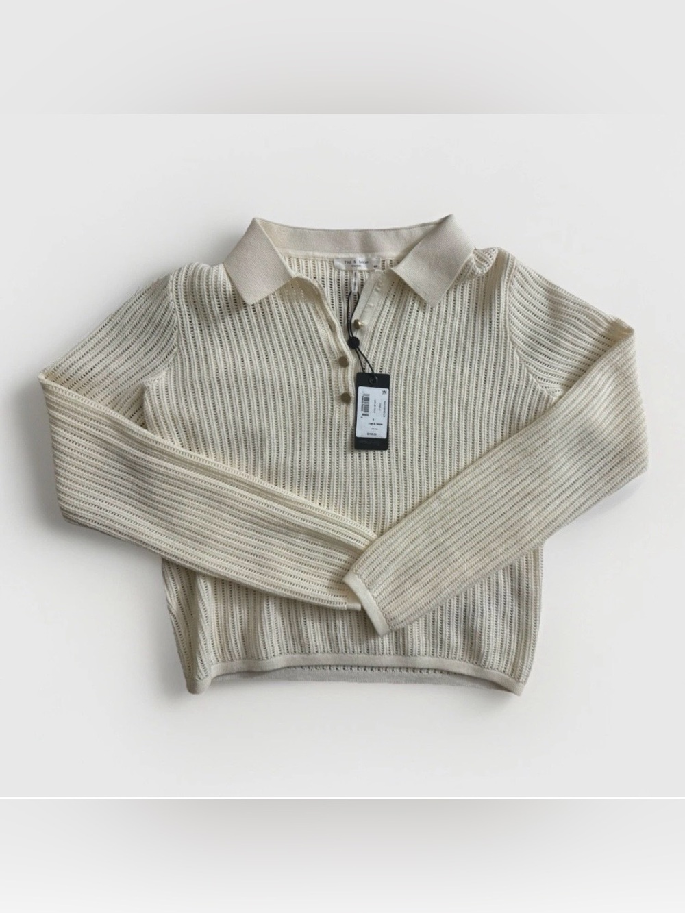 Rag & Bone Vivi Polo Sweater Small Chalk White Pointelle Knit